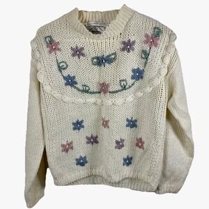 Vintage Nuggets Hand Knitted Sweater Women M Floral Embroidered Coquette 80s 90s